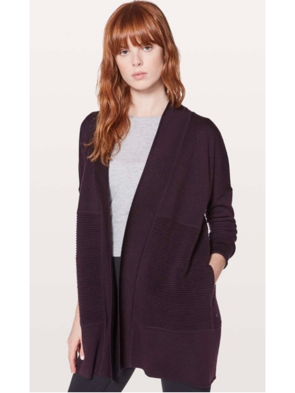Lululemon Lotus Wrap Sweater Cardigan Merino Wool Black Cherry Purple Sz Medium